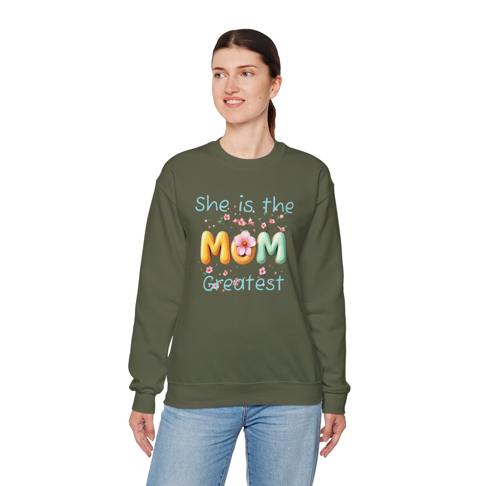 Greatest MOM Crewneck Sweatshirt — "She is the Greatest MOM" Floral Balloon Design