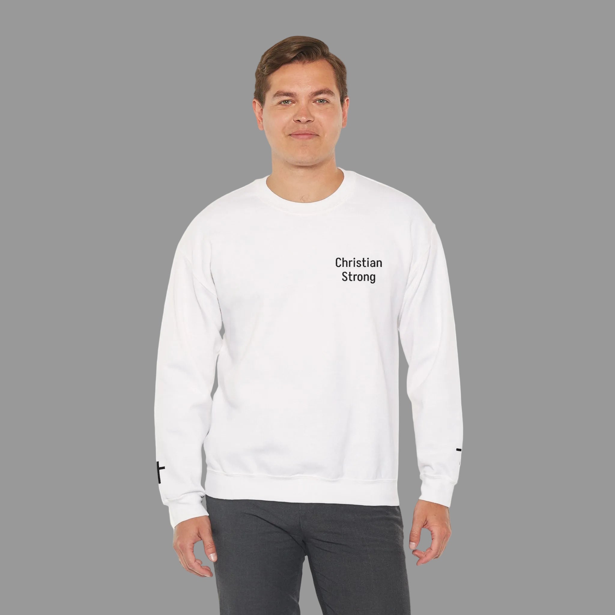Embroidered Christian Strong Crewneck Sweatshirt – Faith-Inspired Minimalist Pullover