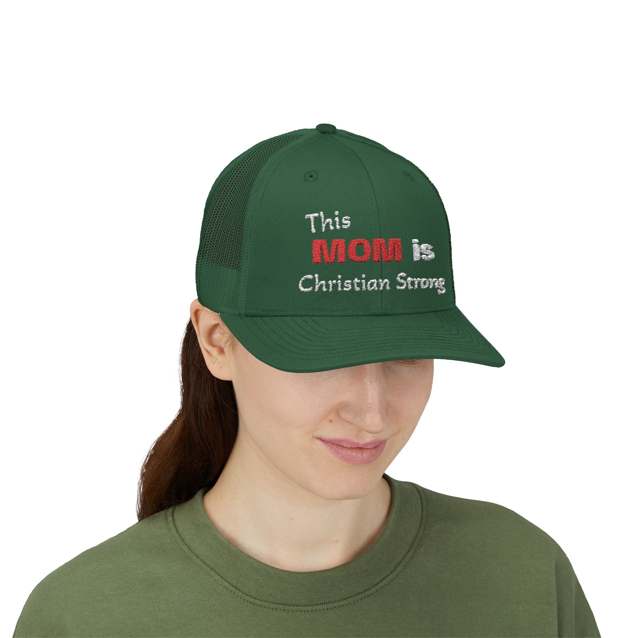 Christian Mom Trucker Cap — "This MOM is Christian Strong" Embroidered Snapback