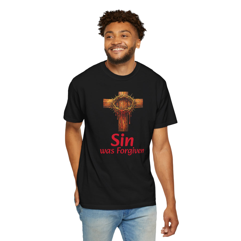 Christian Cross T-Shirt — "Sin Was Forgiven" Religious Faith Tee