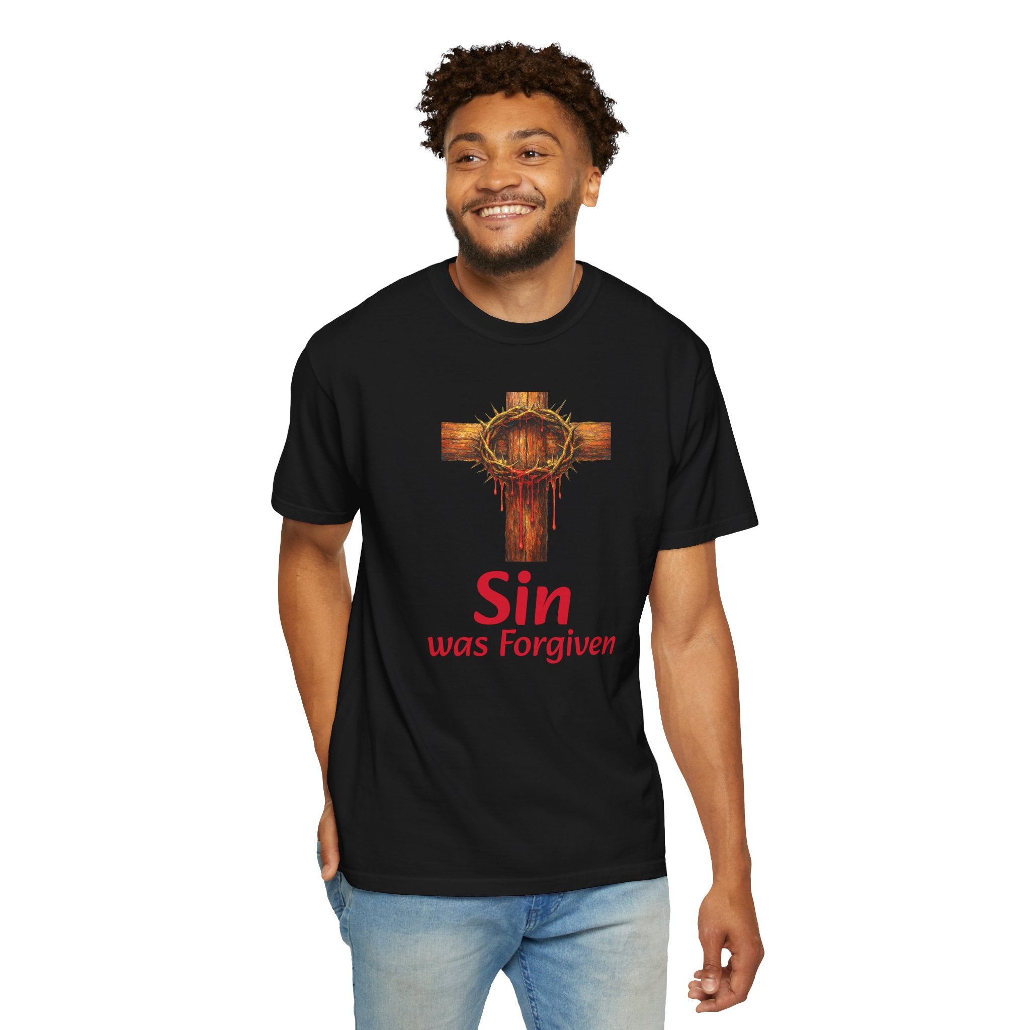 Christian Cross T-Shirt — "Sin Was Forgiven" Religious Faith Tee