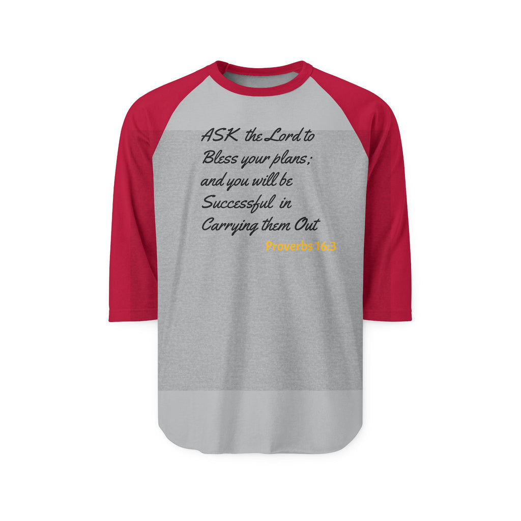 Inspirational Three-Quarter Sleeve Raglan Shirt - "Ask the Lord to Bless Your Plans" Design – Christian faith apparel & gift