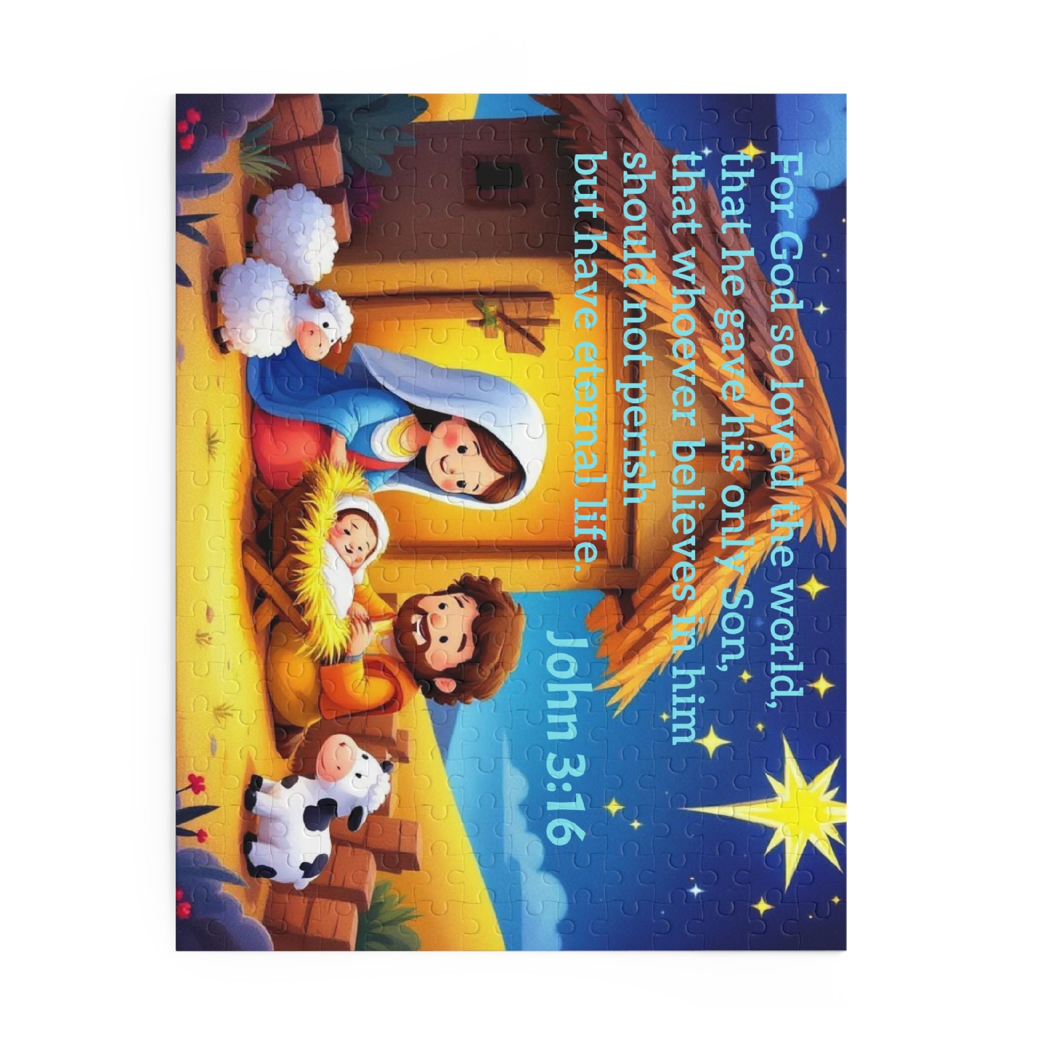 Nativity Puzzle with John 3:16 — Children’s Christmas Jigsaw (120/252/500 pcs)