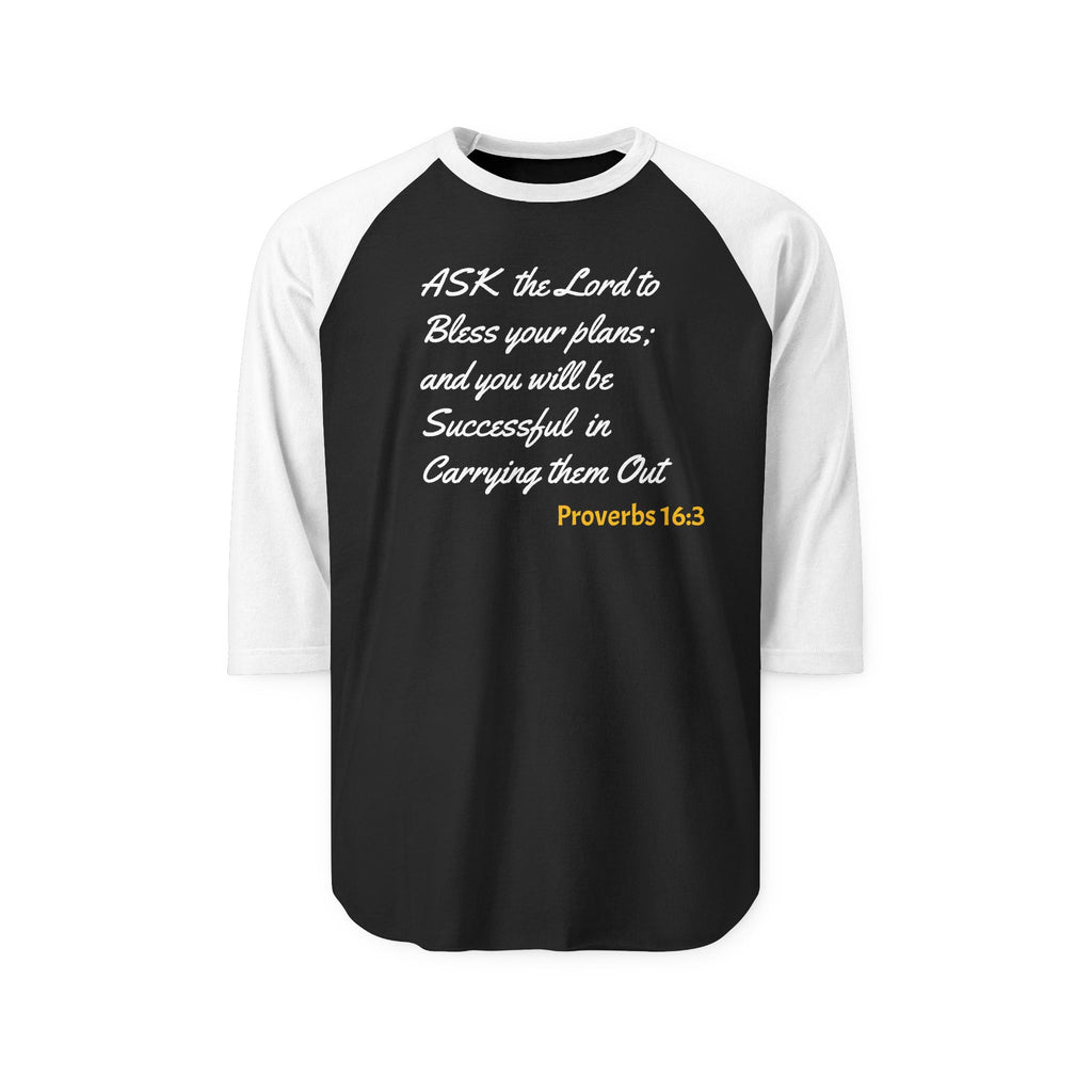 Inspirational Three-Quarter Sleeve Raglan Shirt - "Ask the Lord to Bless Your Plans" Design – Christian faith apparel & gift