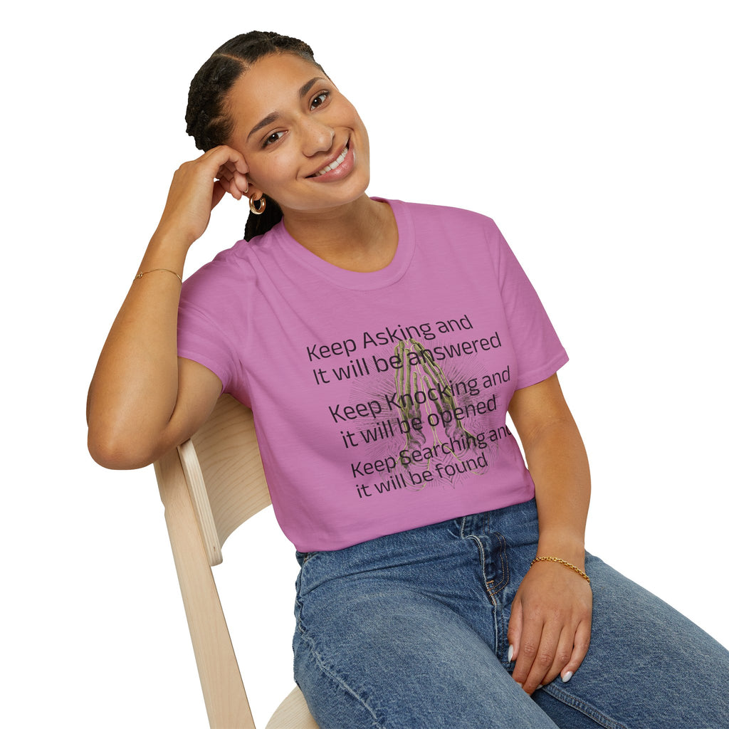 Motivational 'Keep Asking' Tee — Inspirational Quote T-Shirt with Gold Script A