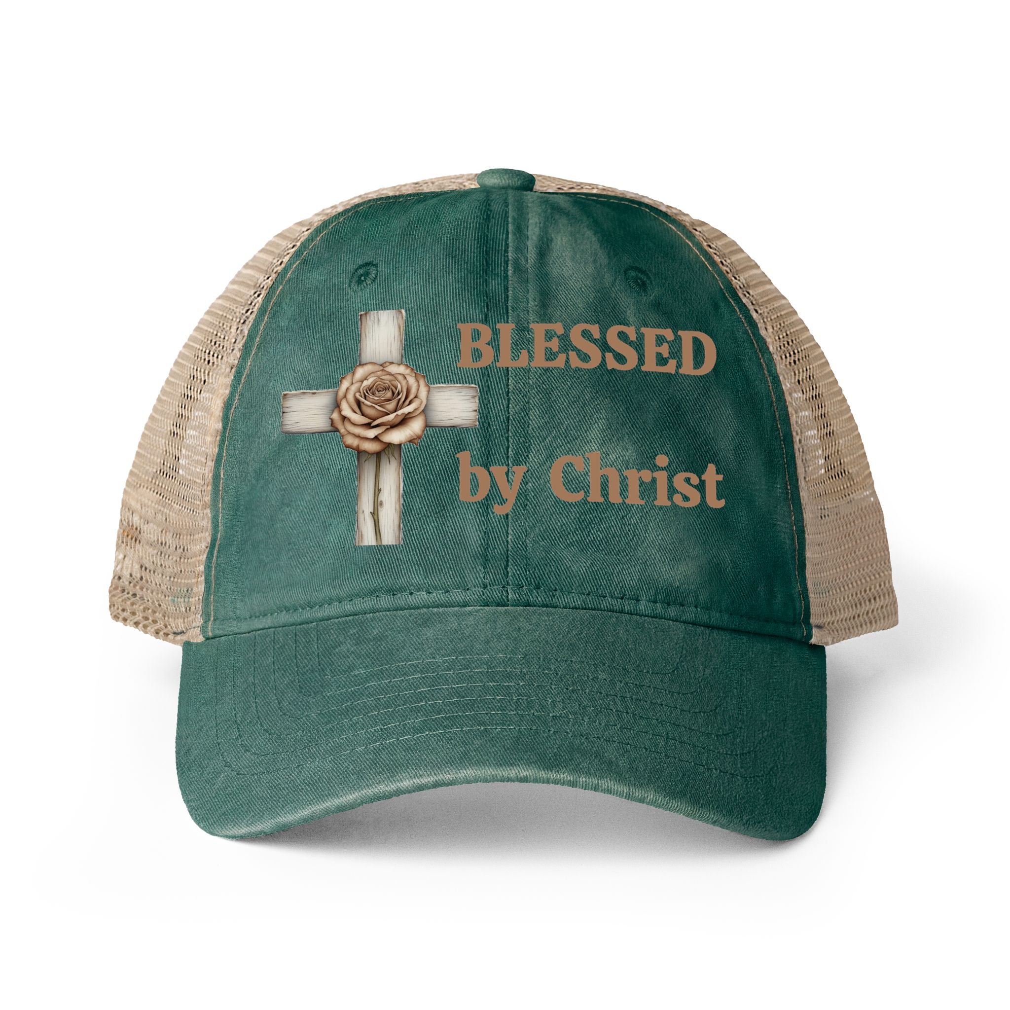 Blessed by Christ with Cross -Women's Washed Mesh-Back Cap
