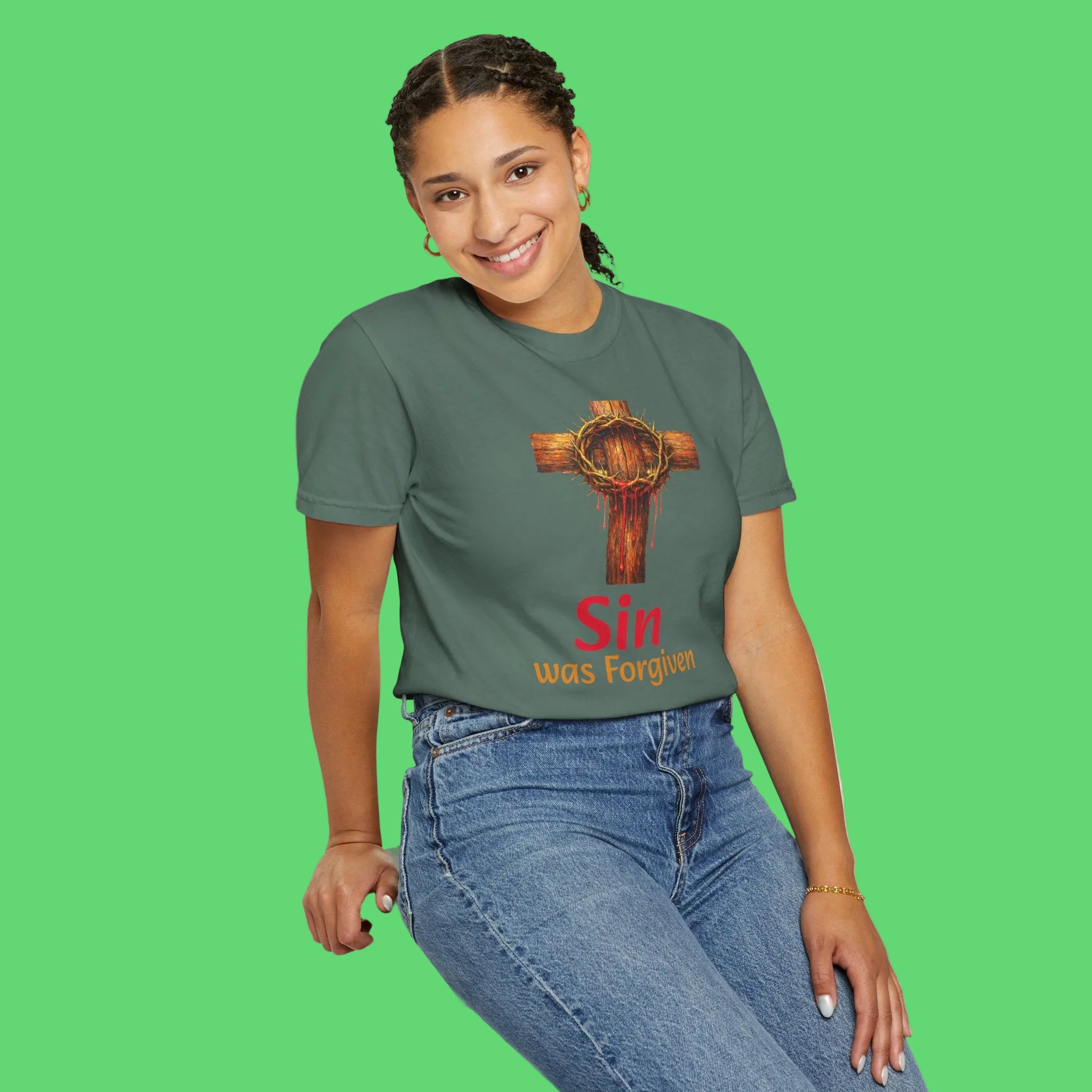 Christian Cross T-Shirt — "Sin Was Forgiven" Religious Faith Tee