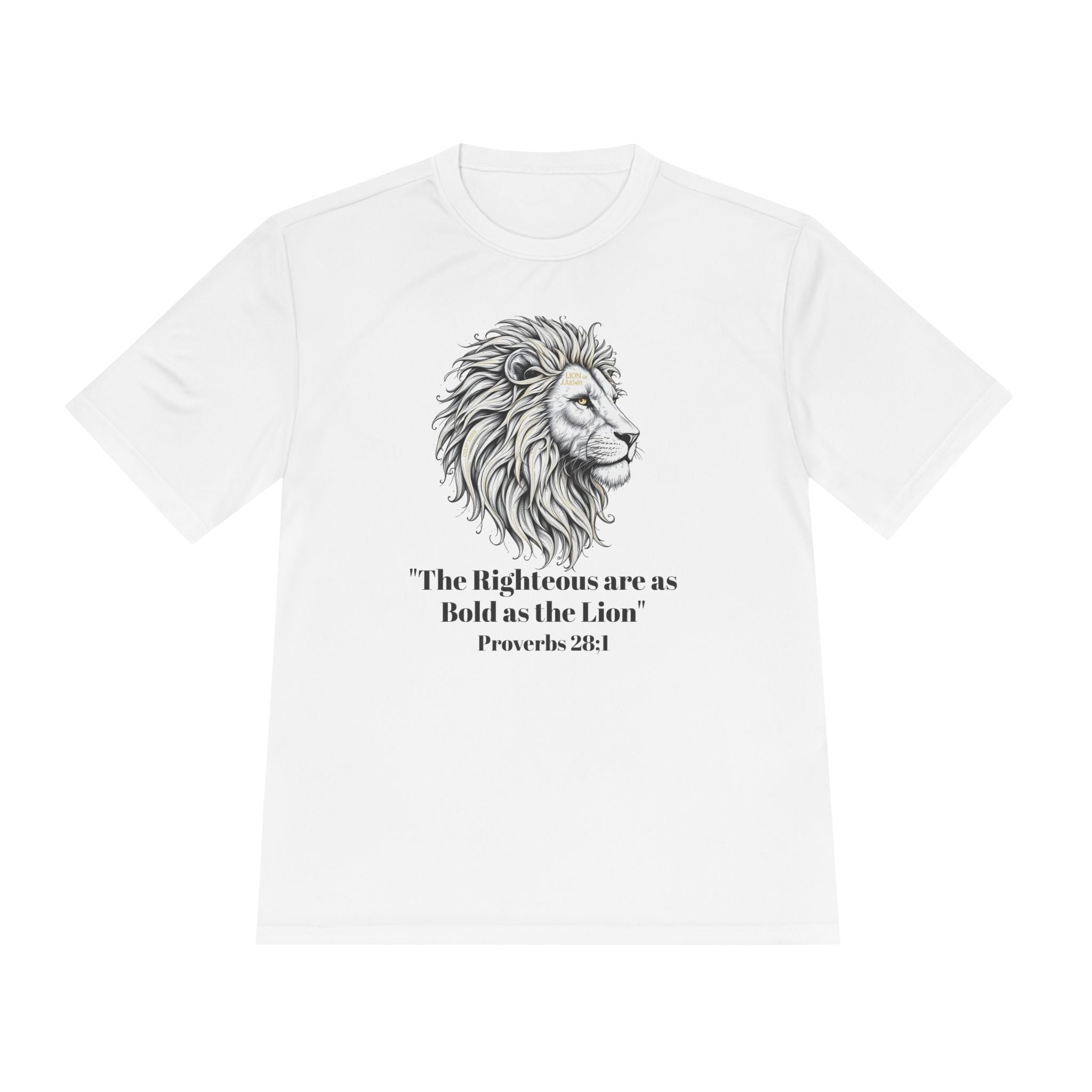 Lion Portrait Polyester T‑Shirt — “The Righteous are as bold as the Lion” Proverbs 28:1 – Christian faith apparel & gifts | 