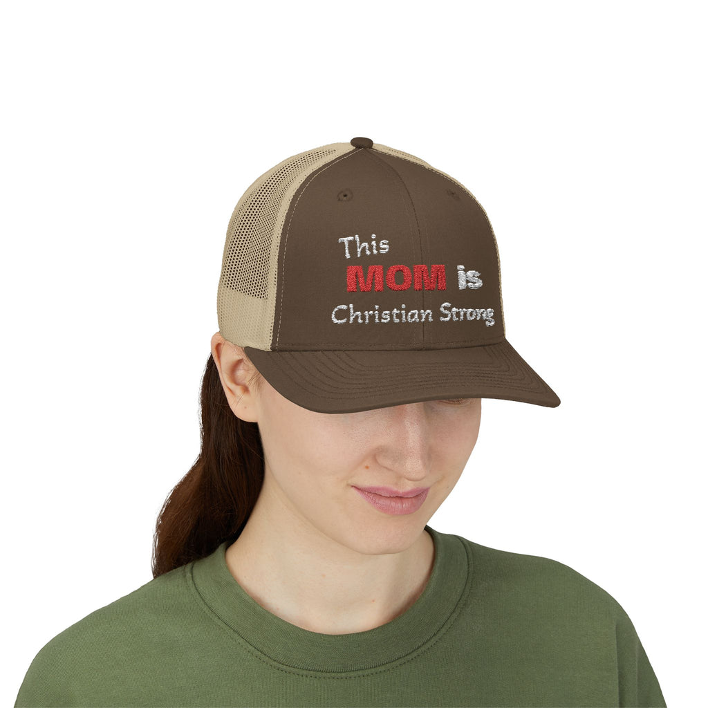 Christian Mom Trucker Cap — "This MOM is Christian Strong" Embroidered Snapback