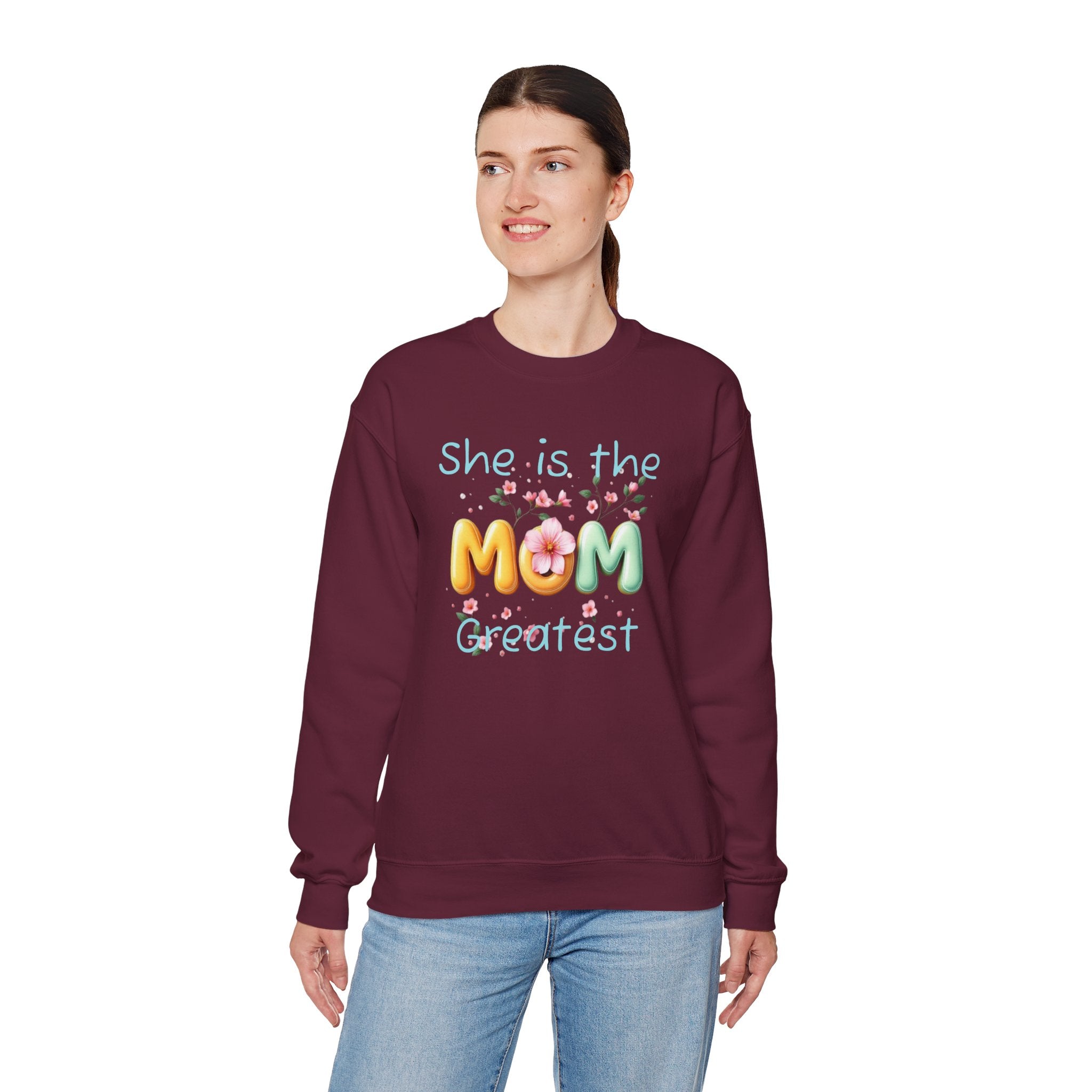 Greatest MOM Crewneck Sweatshirt — "She is the Greatest MOM" Floral Balloon Design