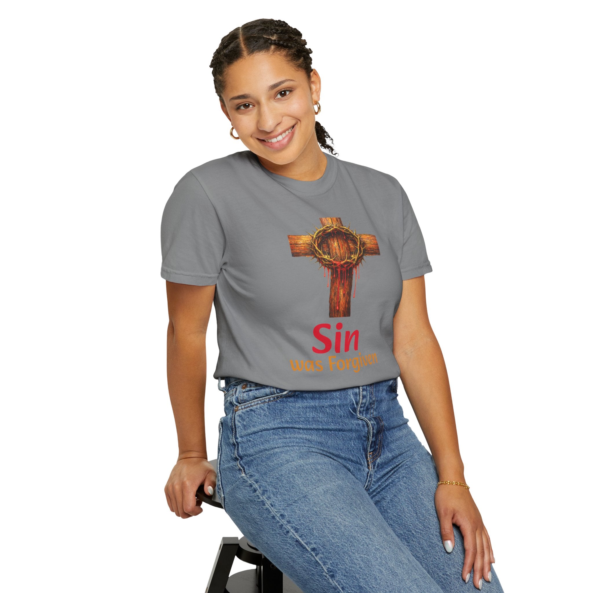 Christian Cross T-Shirt — "Sin Was Forgiven" Religious Faith Tee