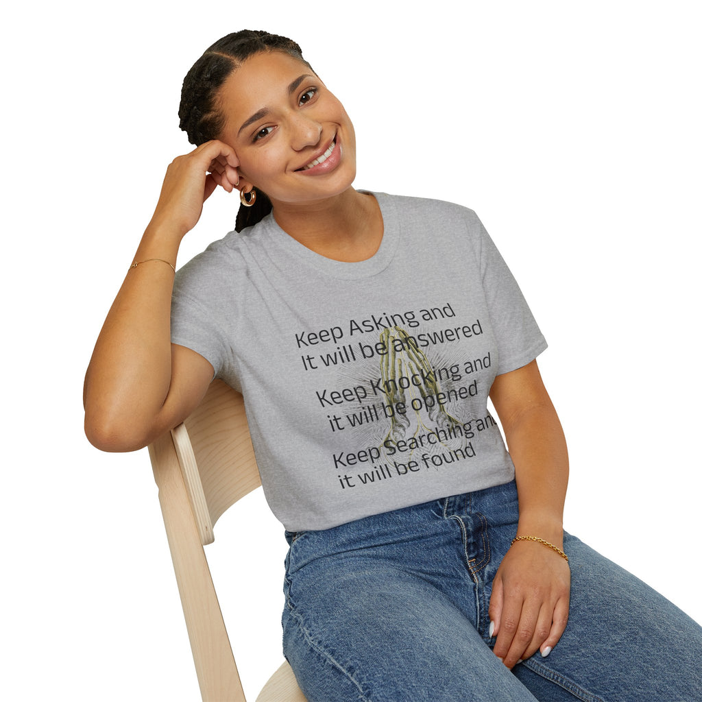 Motivational 'Keep Asking' Tee — Inspirational Quote T-Shirt with Gold Script A