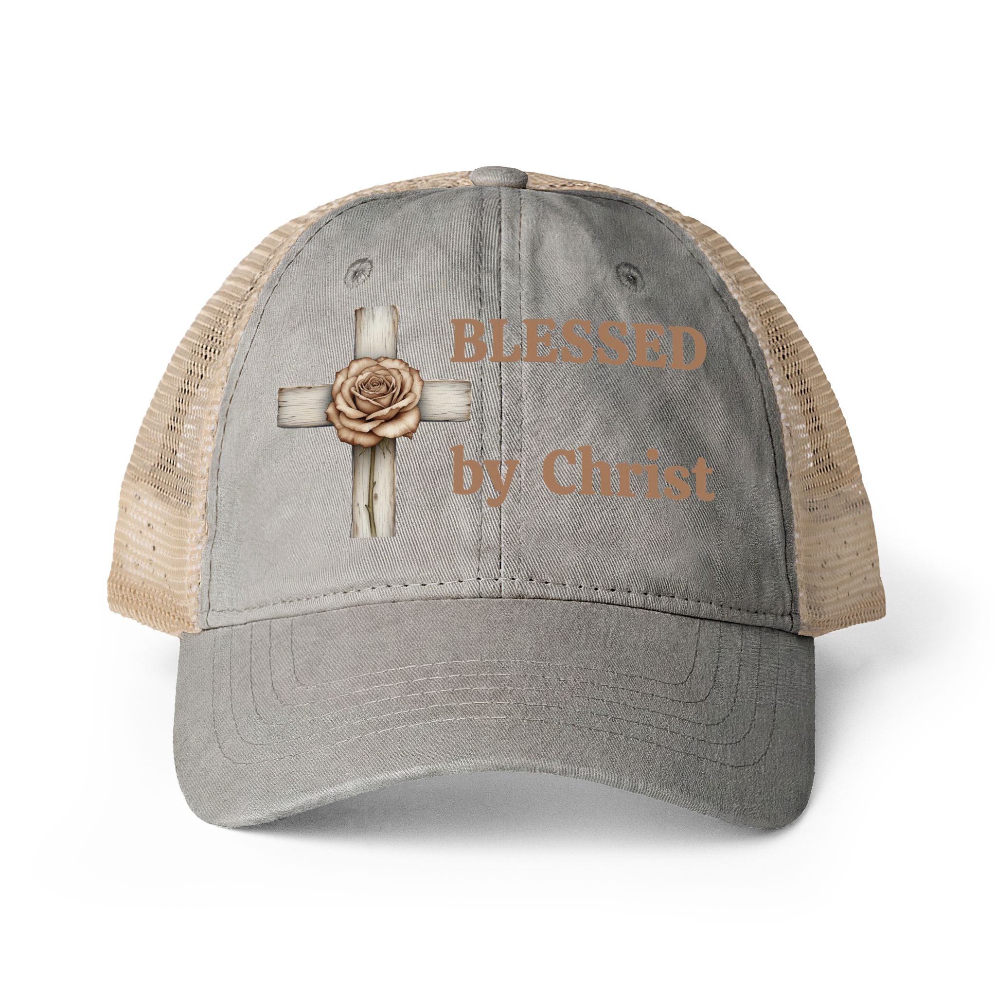 Blessed by Christ with Cross -Women's Washed Mesh-Back Cap