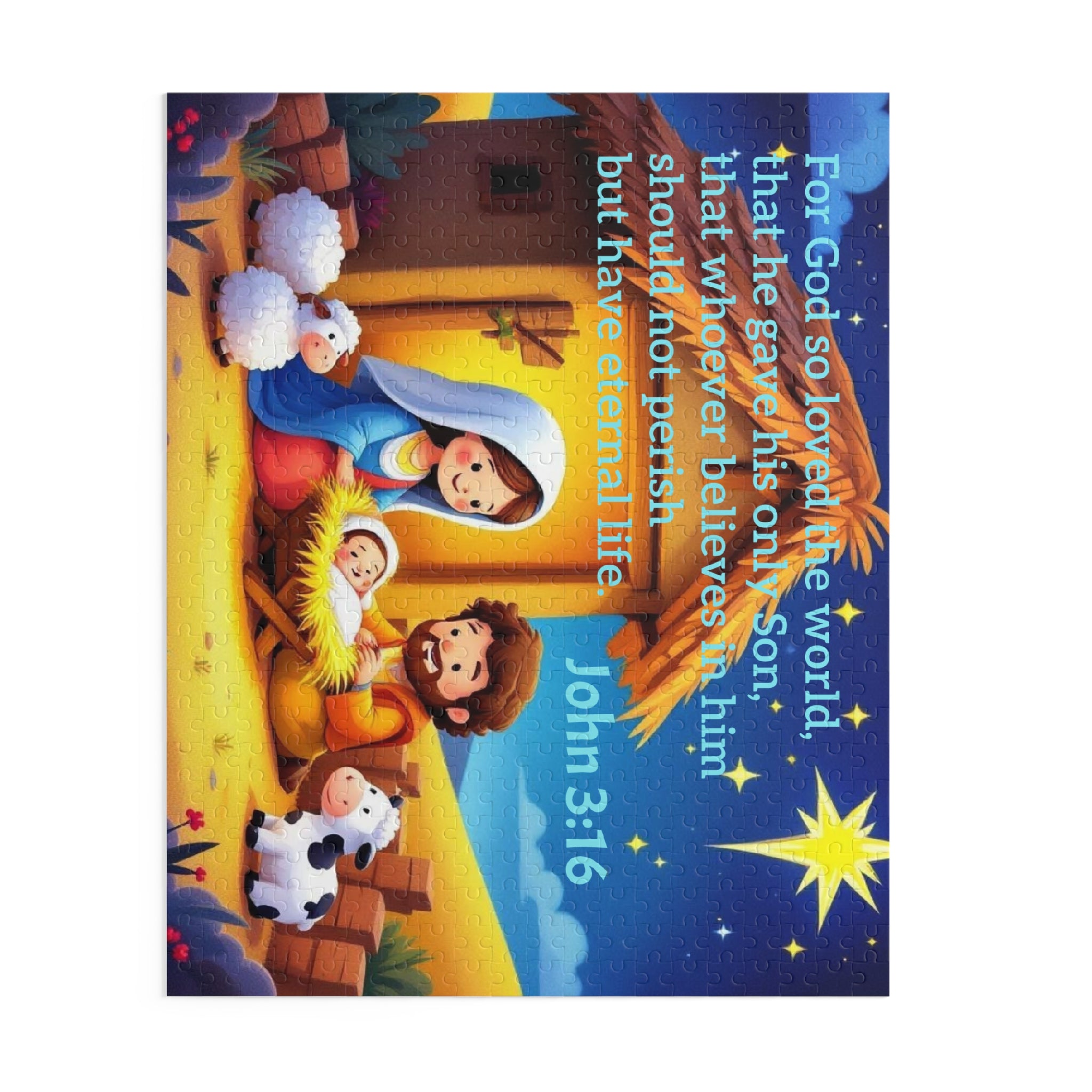 Nativity Puzzle with John 3:16 — Children’s Christmas Jigsaw (120/252/500 pcs)
