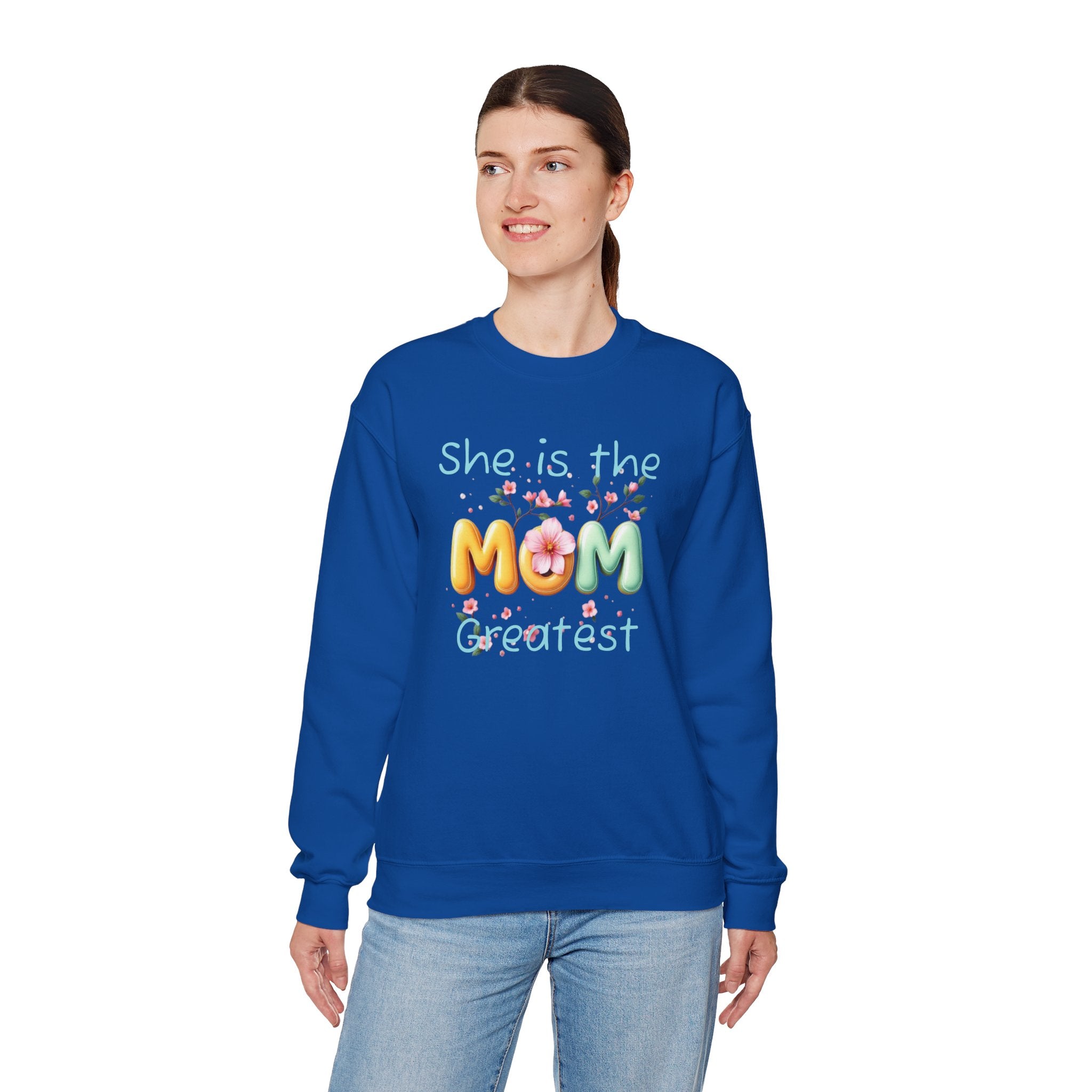 Greatest MOM Crewneck Sweatshirt — "She is the Greatest MOM" Floral Balloon Design