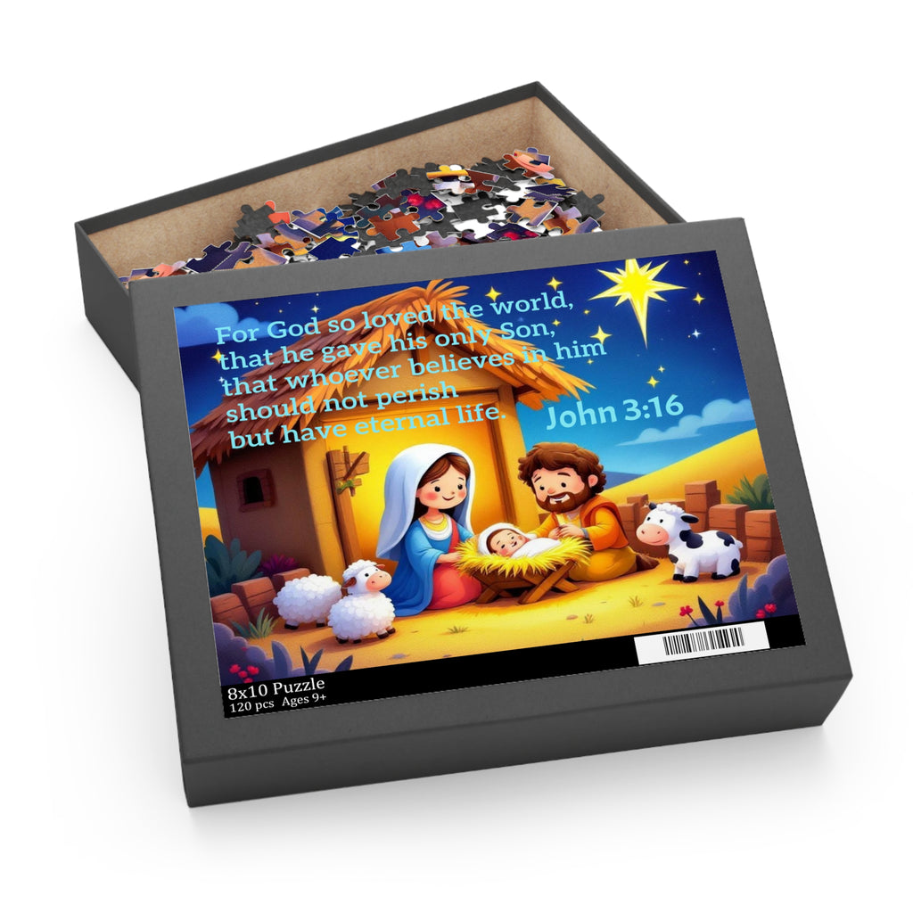 Nativity Puzzle with John 3:16 — Children’s Christmas Jigsaw (120/252/500 pcs)