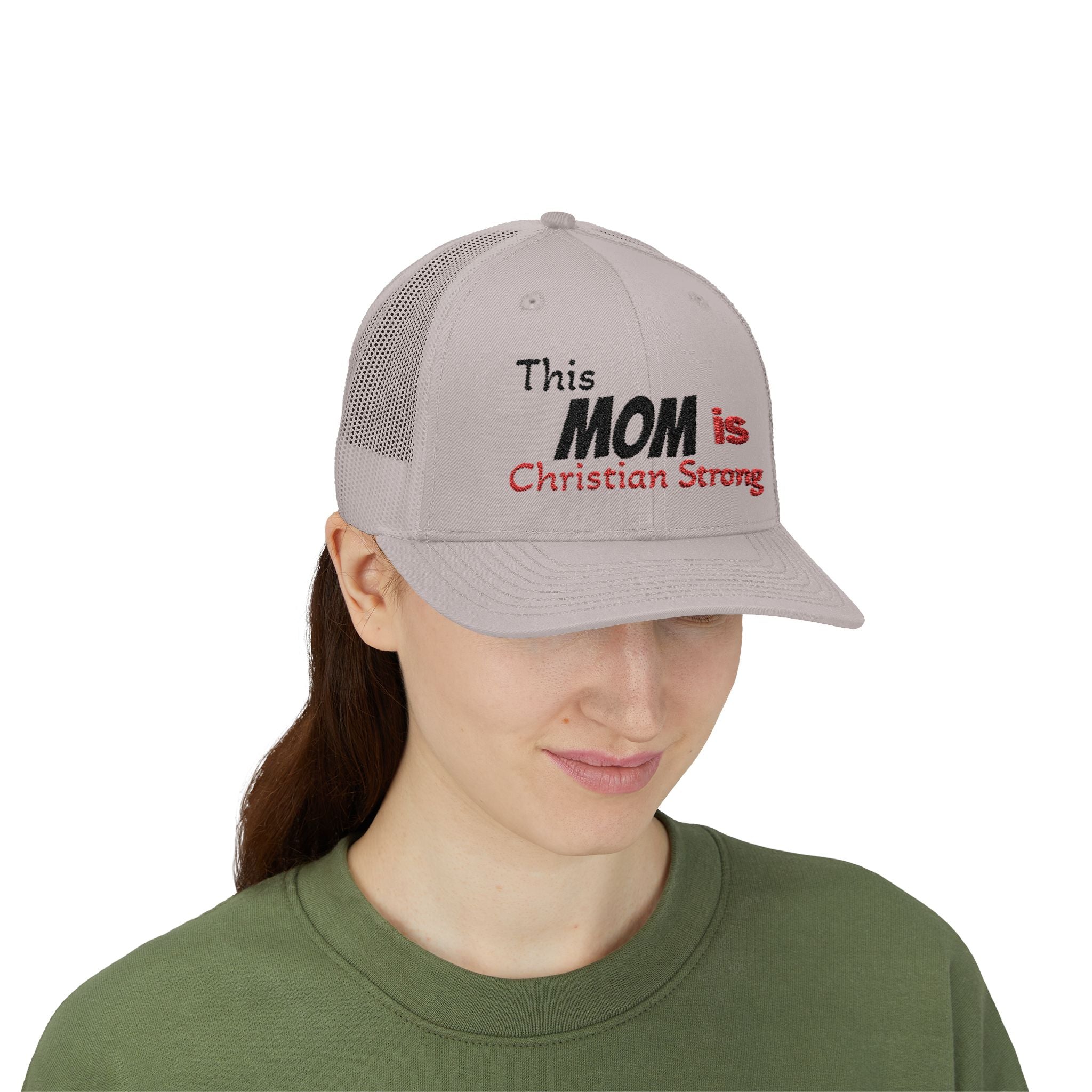 This Mom Is Christian Strong Embroidered Snapback Trucker Cap — Faith-Based Mom Hat