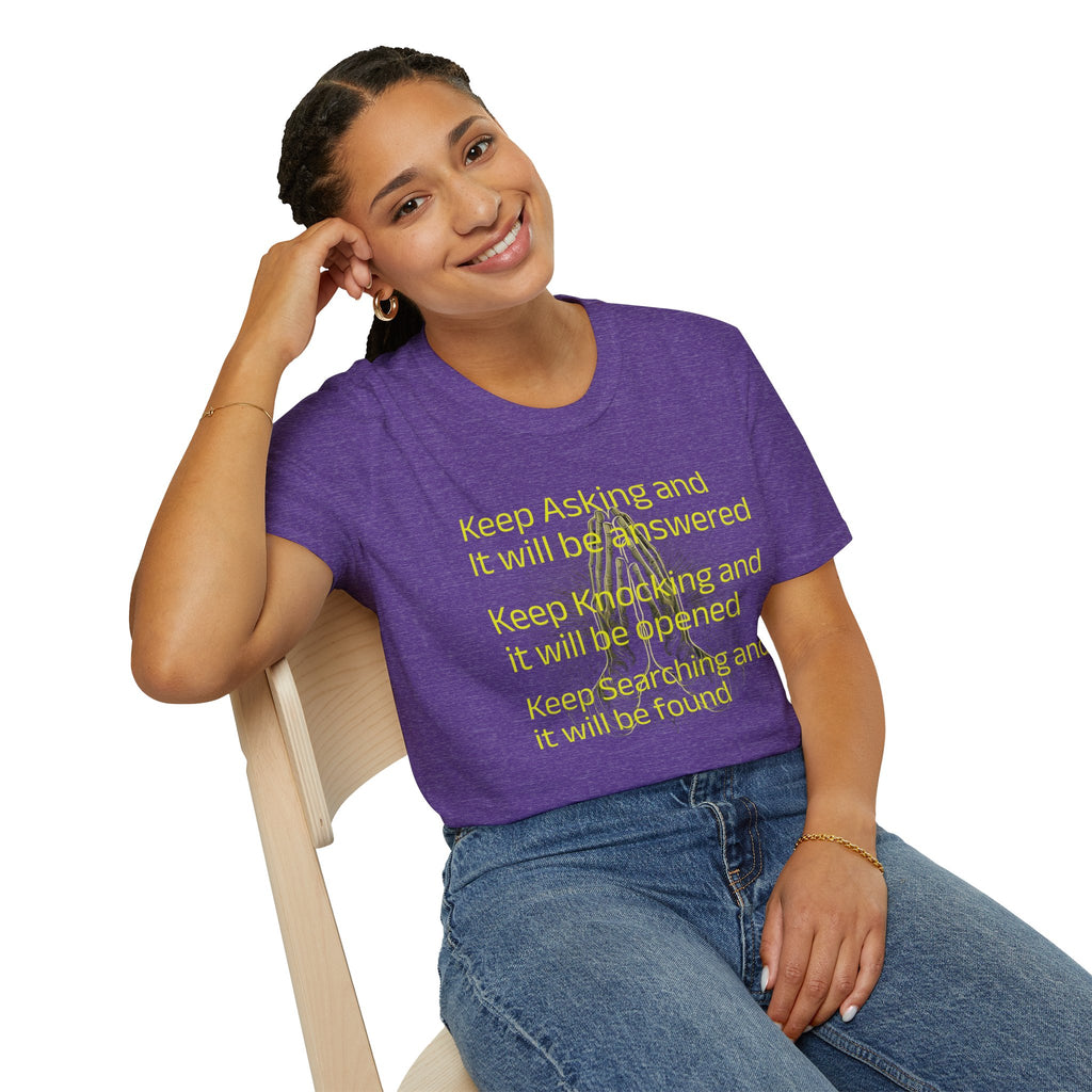 Motivational 'Keep Asking' Tee — Inspirational Quote T-Shirt with Gold Script A