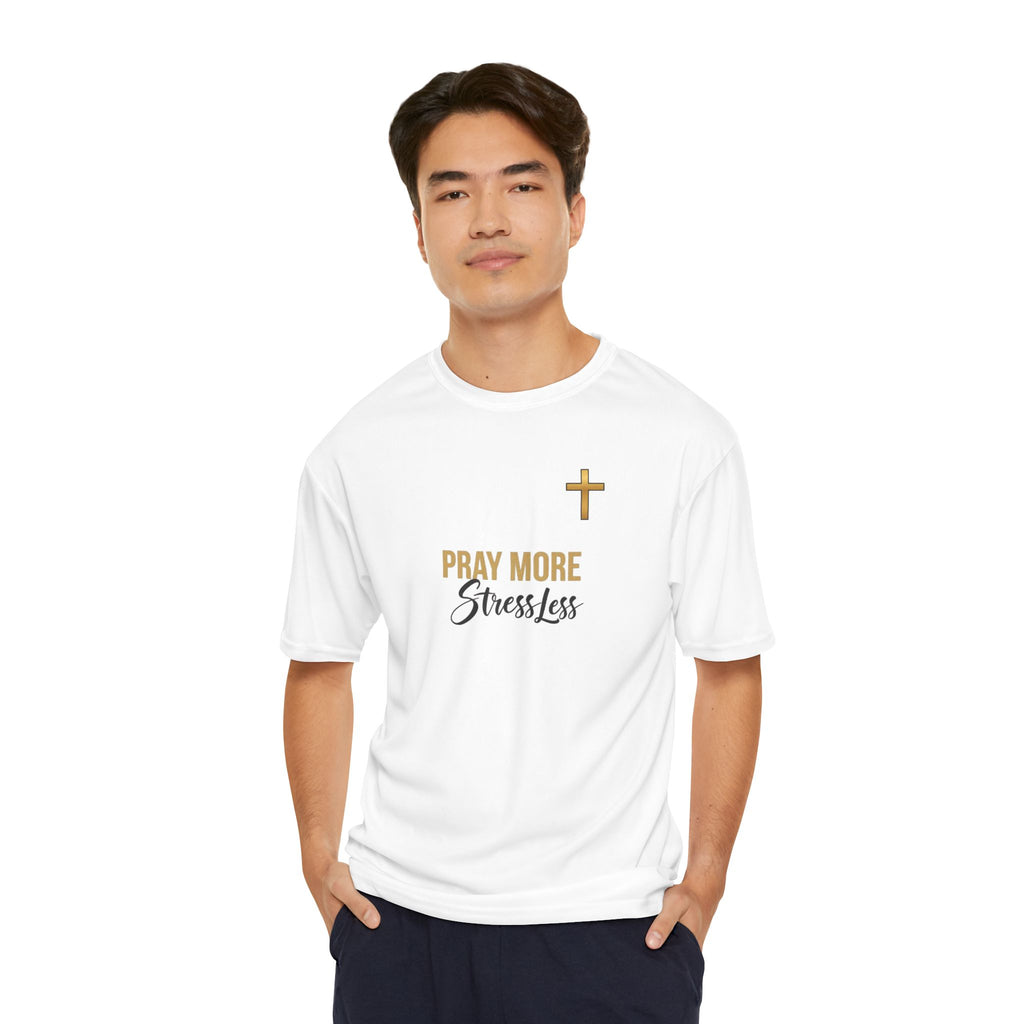Pray More Stress Less T‑Shirt — Men’s Faith Graphic Tee with Gold Cross – Christian faith apparel & gifts | Fully Christian 