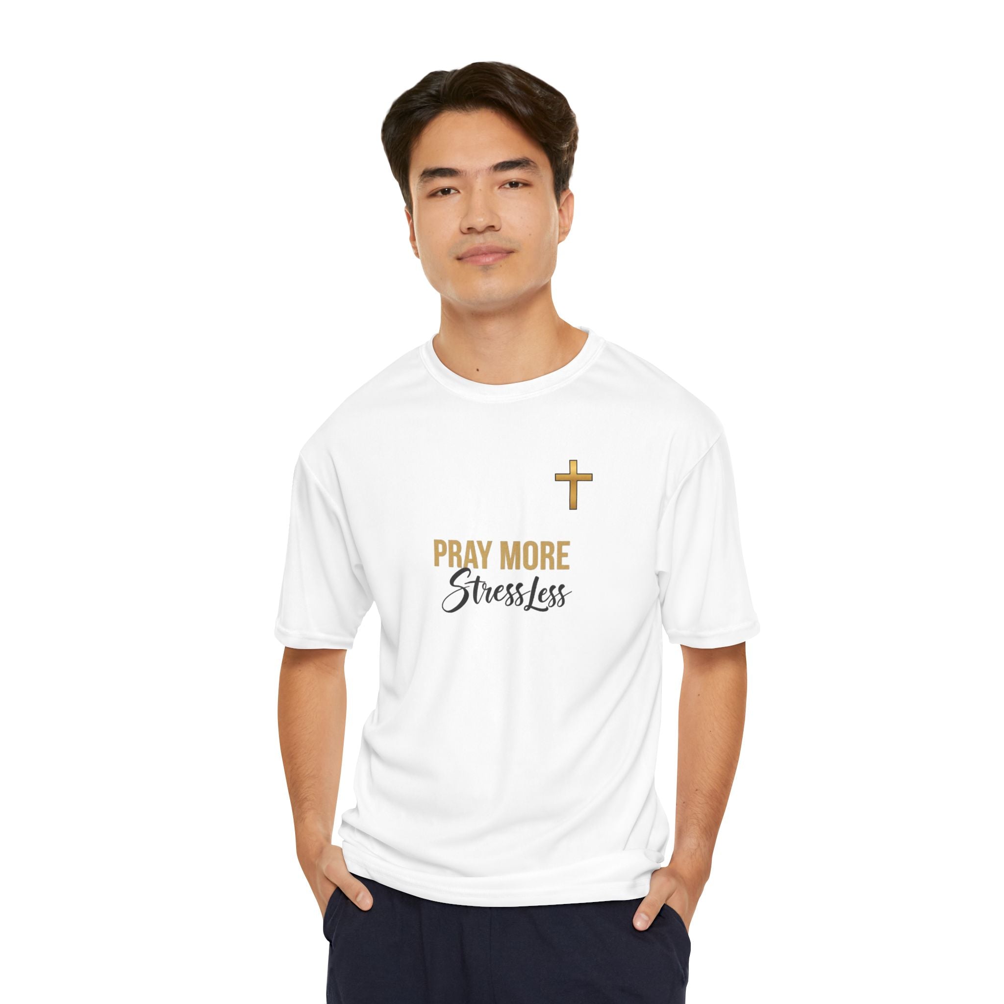 Pray More Stress Less T‑Shirt — Men’s Faith Graphic Tee with Gold Cross