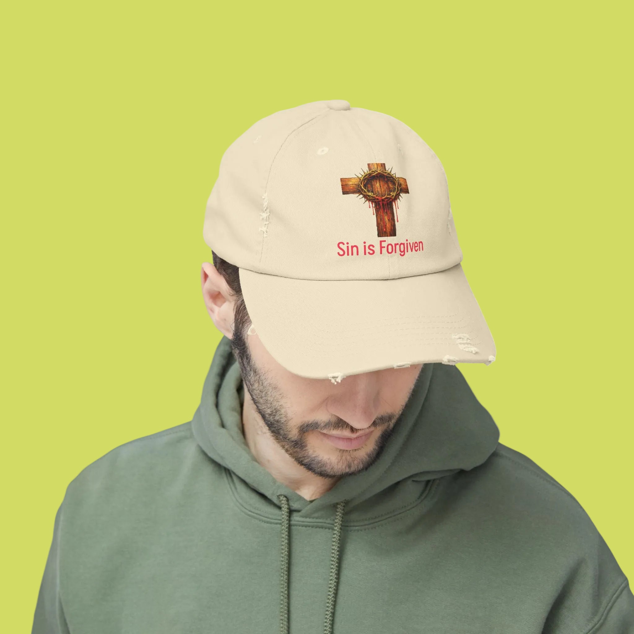 Forgiven Cross Distressed Cap — "Sin is Forgiven" Christian Baseball Hat