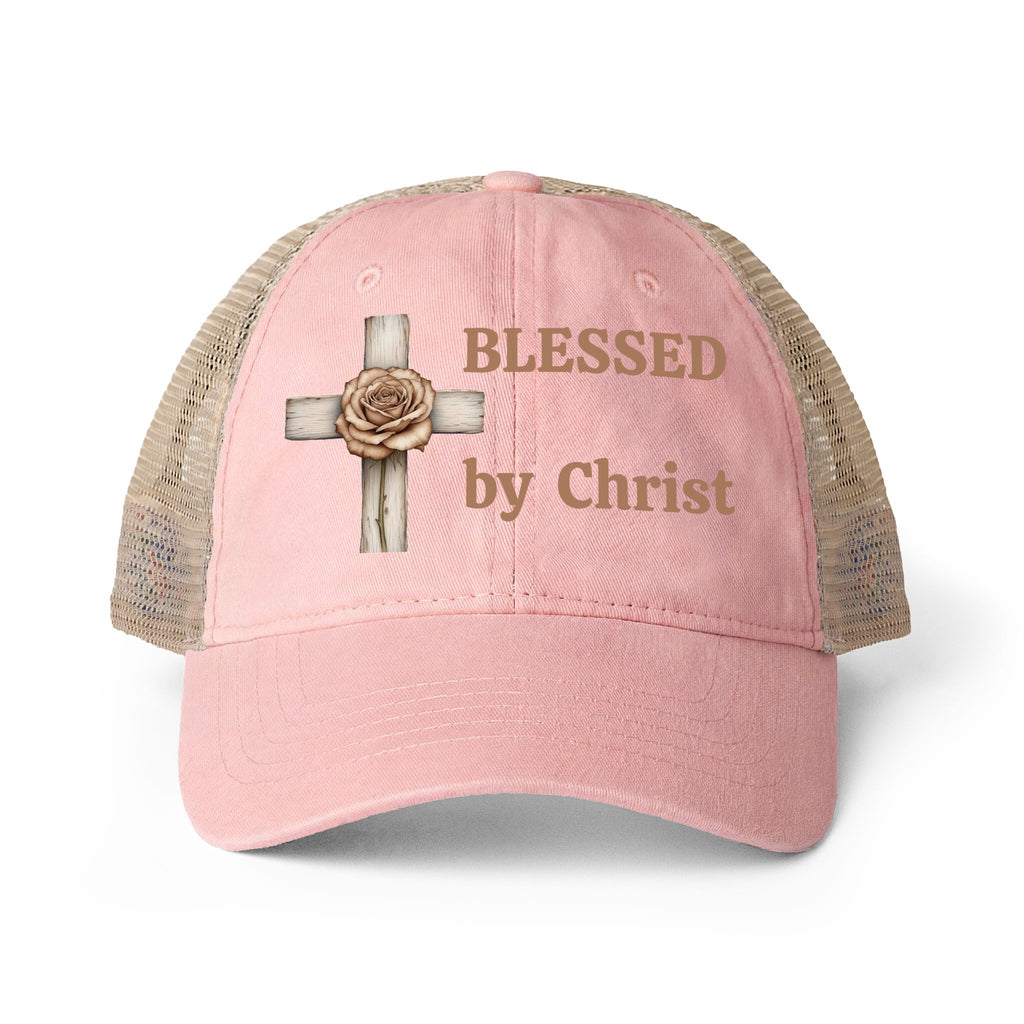 Blessed by Christ with Cross -Women's Washed Mesh-Back Cap