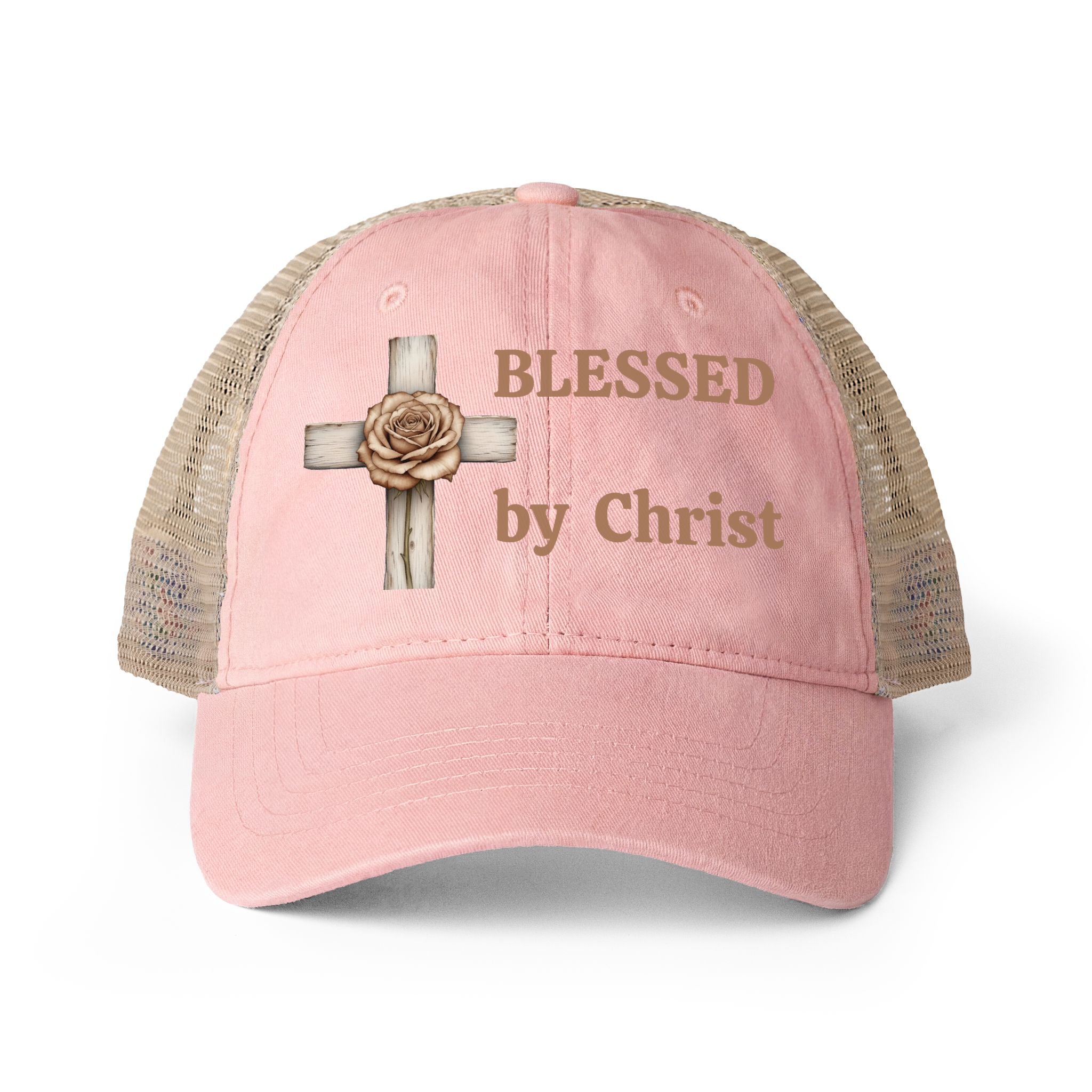 Blessed by Christ with Cross -Women's Washed Mesh-Back Cap