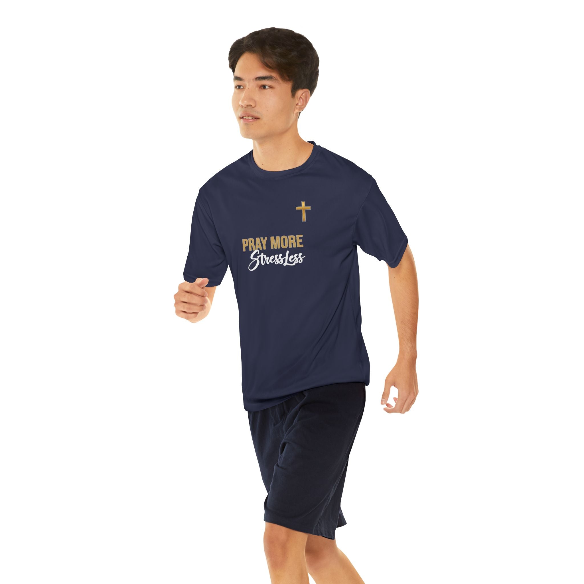 Pray More Stress Less T‑Shirt — Men’s Faith Graphic Tee with Gold Cross