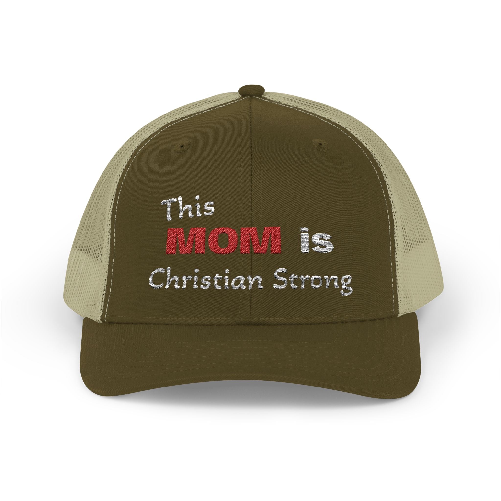 Christian Mom Trucker Cap — "This MOM is Christian Strong" Embroidered Snapback