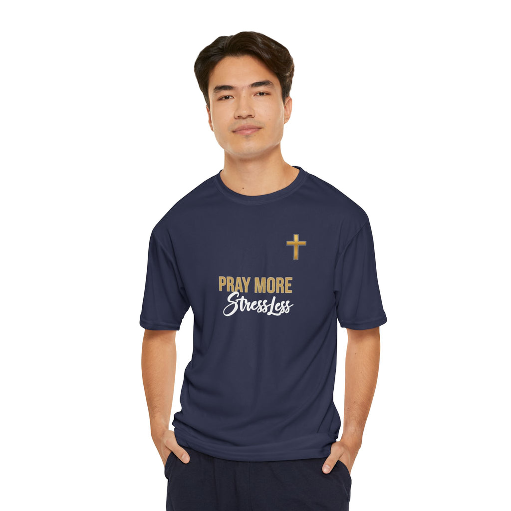 Pray More Stress Less T‑Shirt — Men’s Faith Graphic Tee with Gold Cross