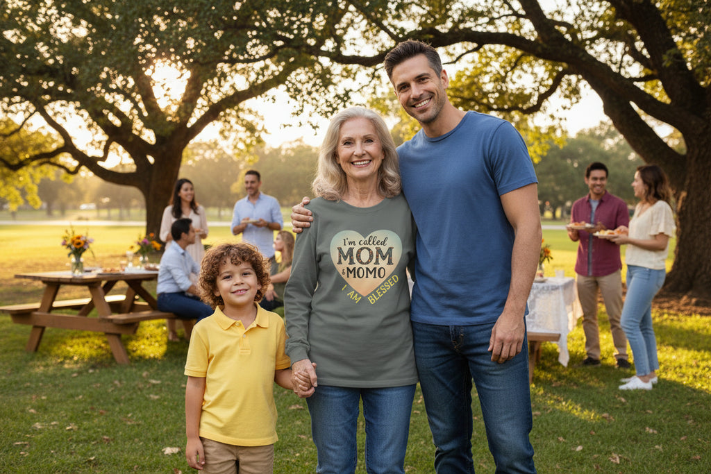Mom & Momo Heart Long Sleeve Tee – “I’m Called Mom & Momo, I Am Blessed”