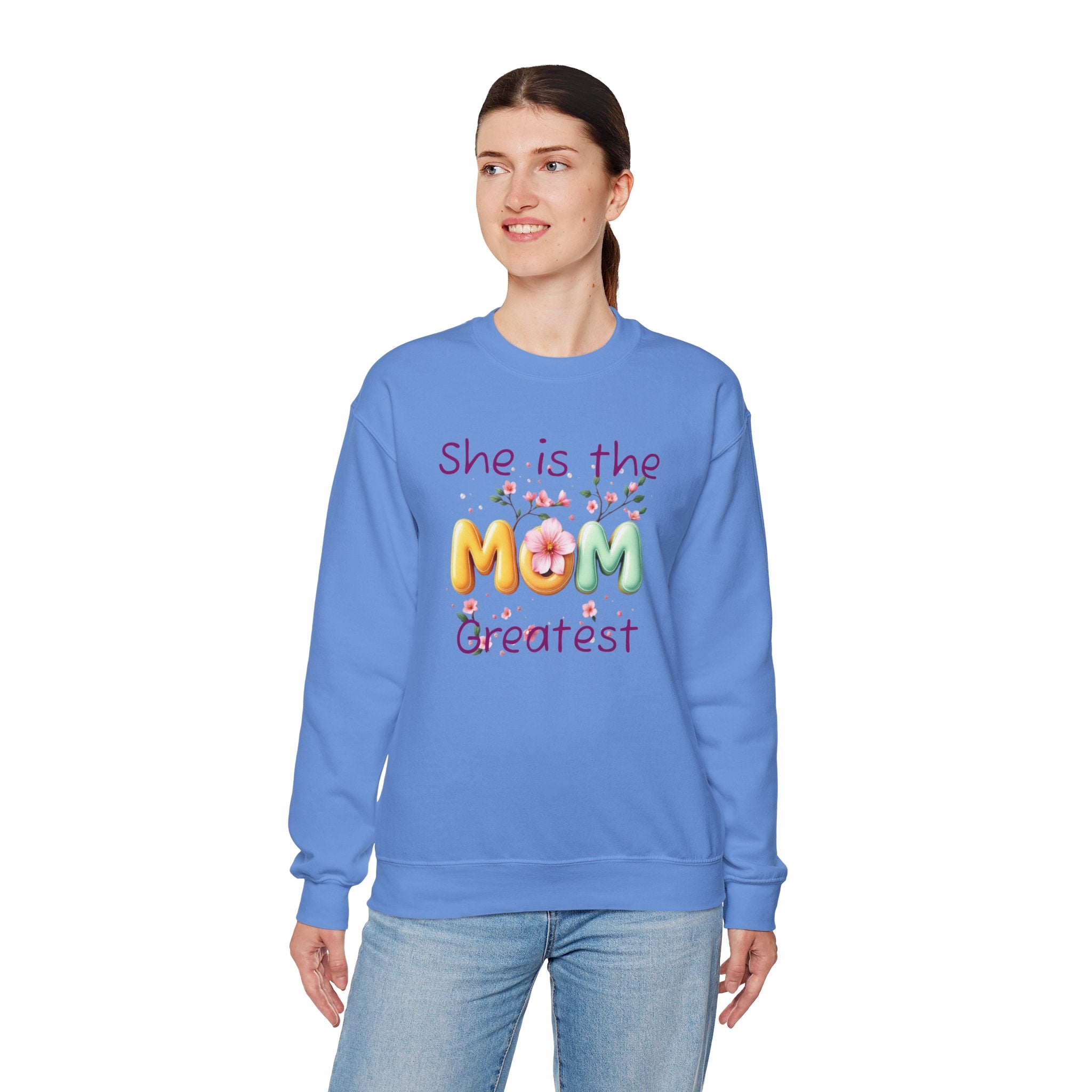Greatest MOM Crewneck Sweatshirt — "She is the Greatest MOM" Floral Balloon Design