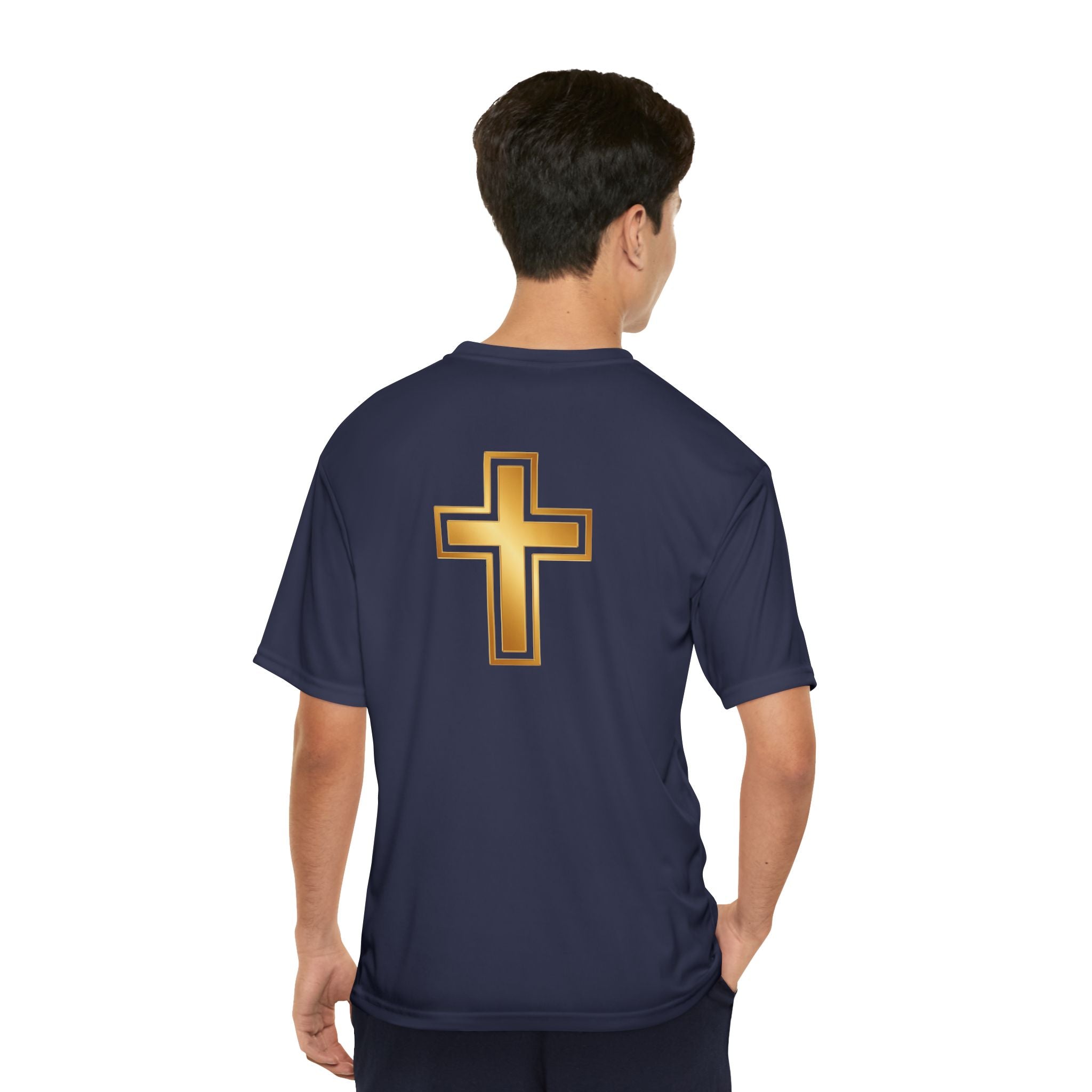 Gold Cross Performance T-Shirt — Christian Faith Athletic Tee