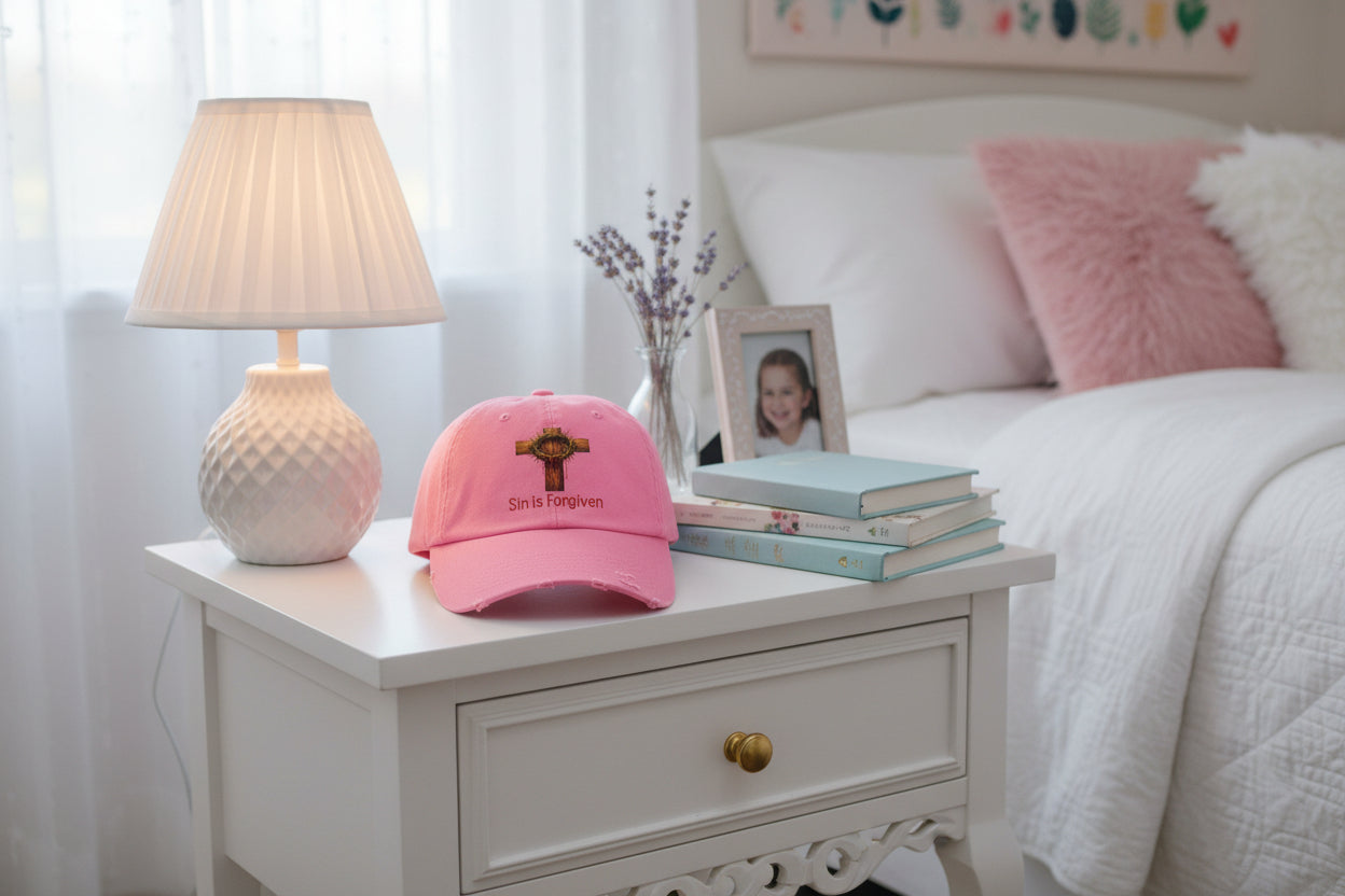 Forgiven Cross Distressed Cap — "Sin is Forgiven" Christian Baseball Hat