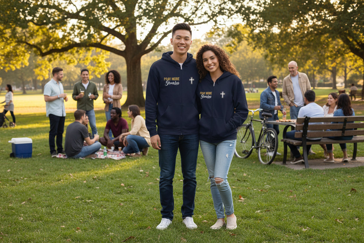 Pray More, Stress Less Zip-Up Hoodie — Christian Cross Full-Zip Sweatshirt