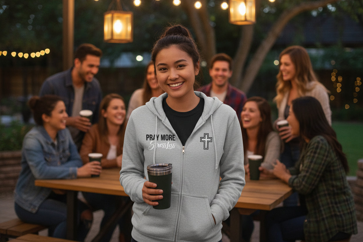 Pray More, Stress Less Zip-Up Hoodie — Christian Cross Full-Zip Sweatshirt