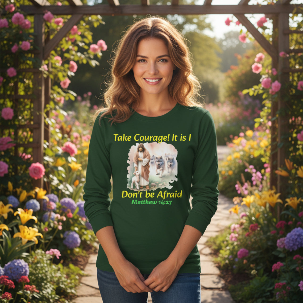 Christian Long Sleeve Tee — "Take Courage! It Is I. Don't Be Afraid" (Matthew 14:27)