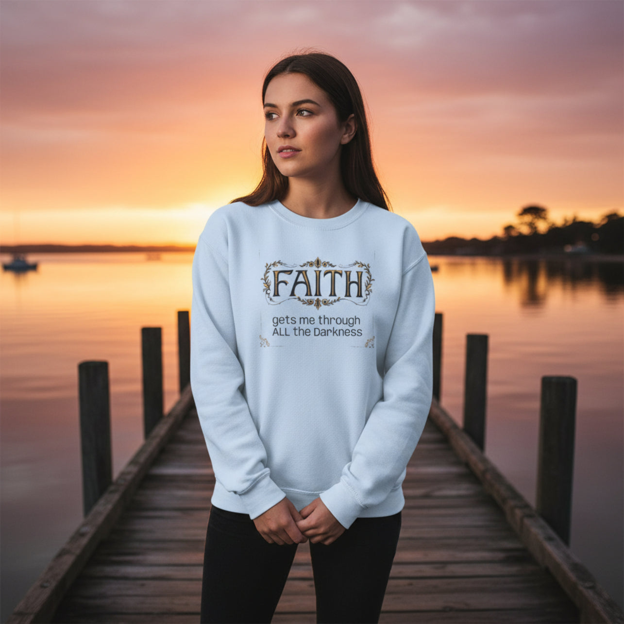 Faith Inspirational Crewneck Sweatshirt — "Faith Gets Me Through All the Darkness"