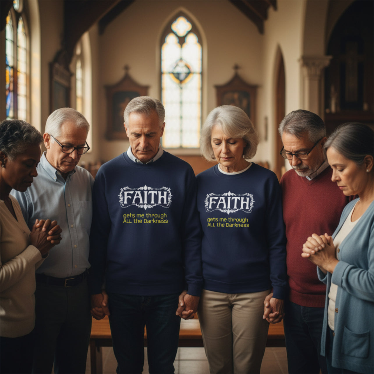 Faith Inspirational Crewneck Sweatshirt — "Faith Gets Me Through All the Darkness"