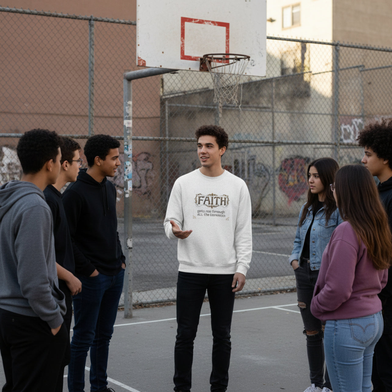 Faith Inspirational Crewneck Sweatshirt — "Faith Gets Me Through All the Darkness"