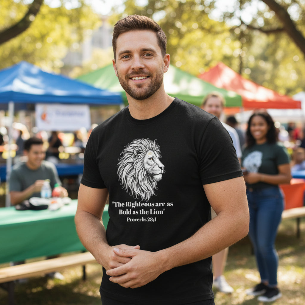 Lion Portrait Polyester T‑Shirt — “The Righteous are as bold as the Lion” Proverbs 28:1 – Christian faith apparel & gifts | 