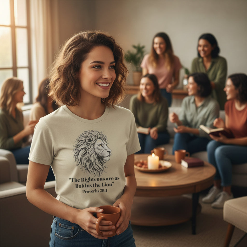 Lion Portrait Polyester T‑Shirt — “The Righteous are as bold as the Lion” Proverbs 28:1 – Christian faith apparel & gifts | 