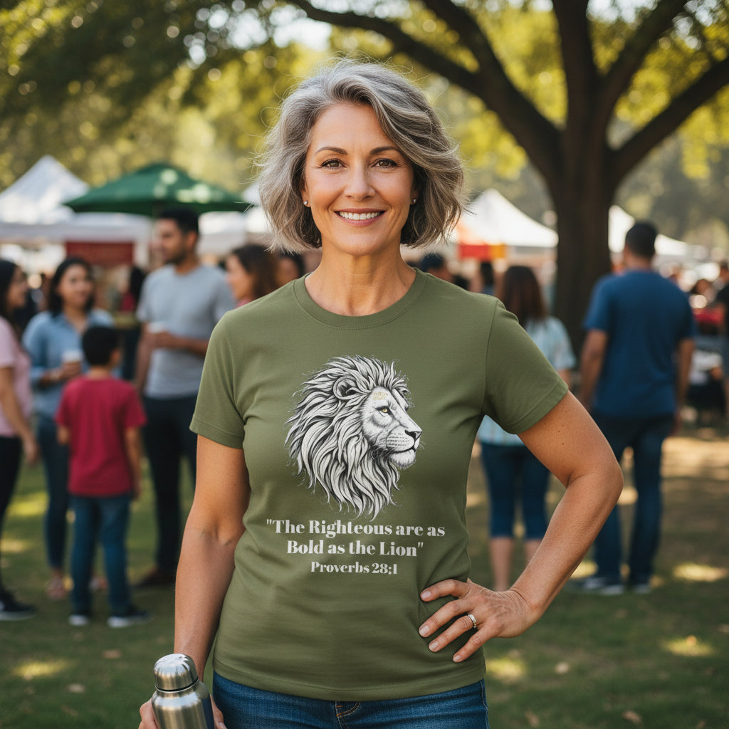 Lion Portrait Polyester T‑Shirt — “The Righteous are as bold as the Lion” Proverbs 28:1 – Christian faith apparel & gifts | 
