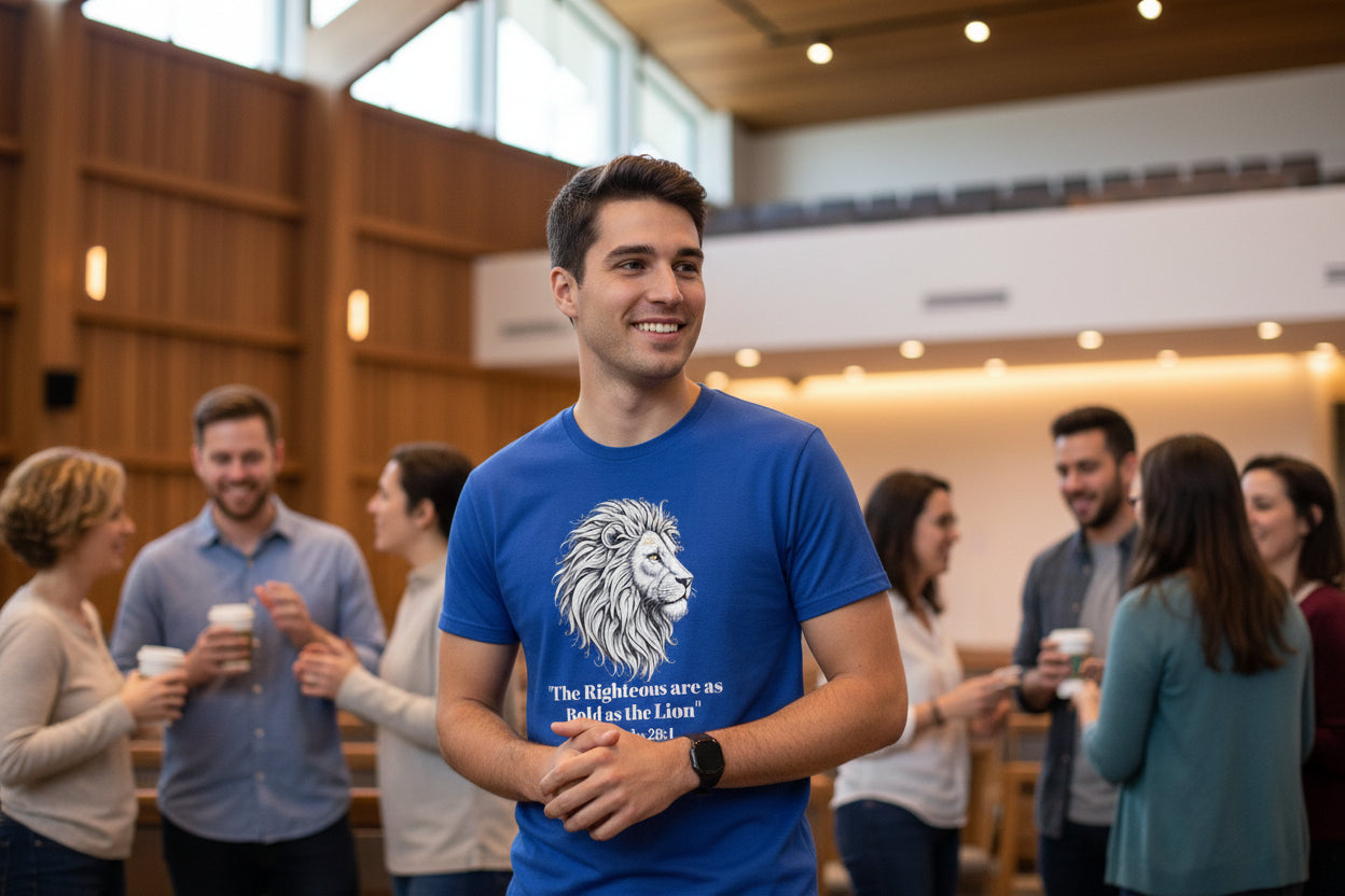 Lion Portrait Polyester T‑Shirt — “The Righteous are as bold as the Lion” Proverbs 28:1 – Christian faith apparel & gifts | 