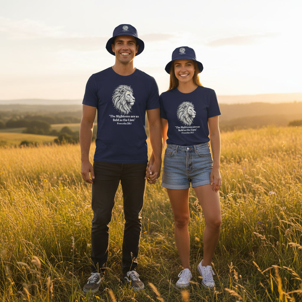 Lion Portrait Polyester T‑Shirt — “The Righteous are as bold as the Lion” Proverbs 28:1 – Christian faith apparel & gifts | 