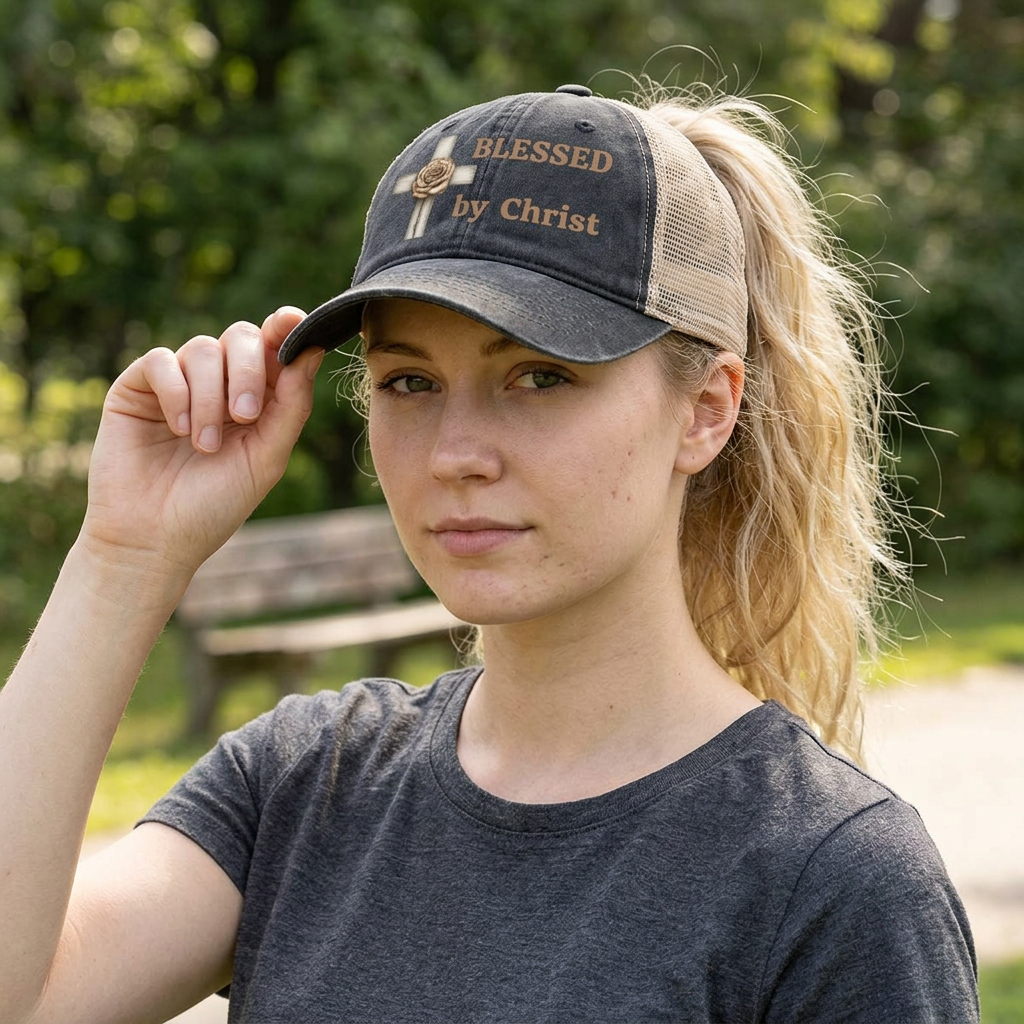 Blessed by Christ with Cross -Women's Washed Mesh-Back Cap