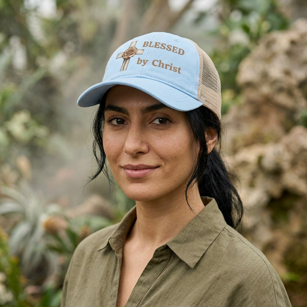 Blessed by Christ with Cross -Women's Washed Mesh-Back Cap