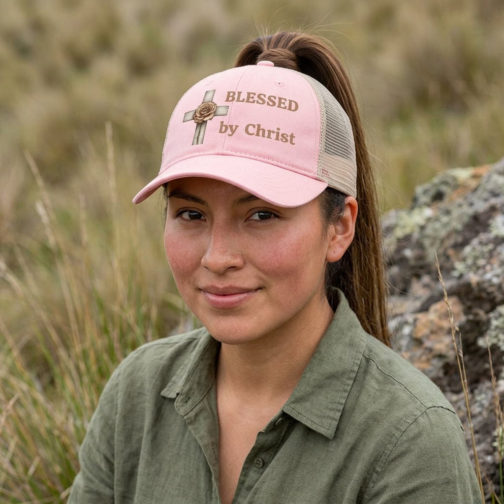 Blessed by Christ with Cross -Women's Washed Mesh-Back Cap