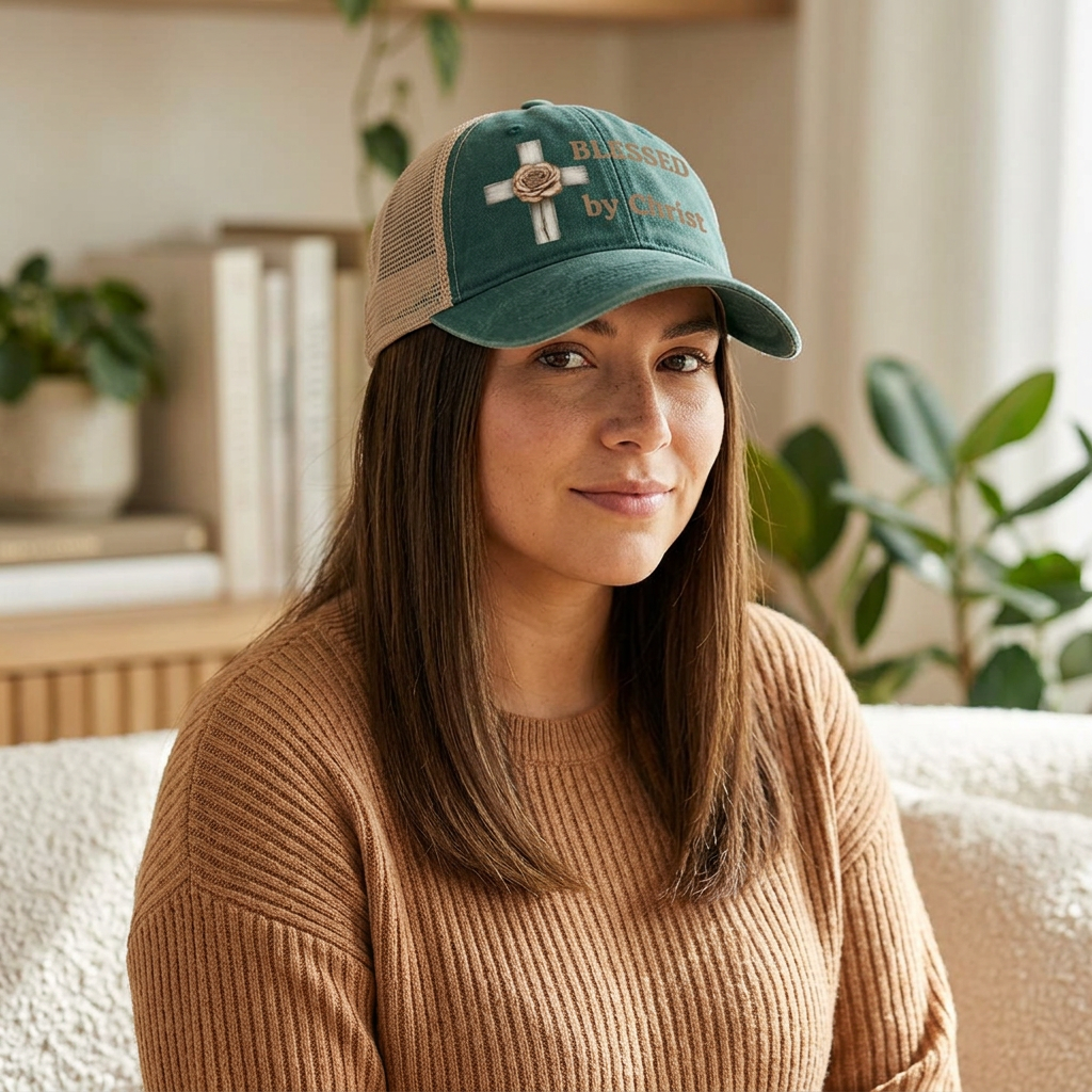 Blessed by Christ with Cross -Women's Washed Mesh-Back Cap