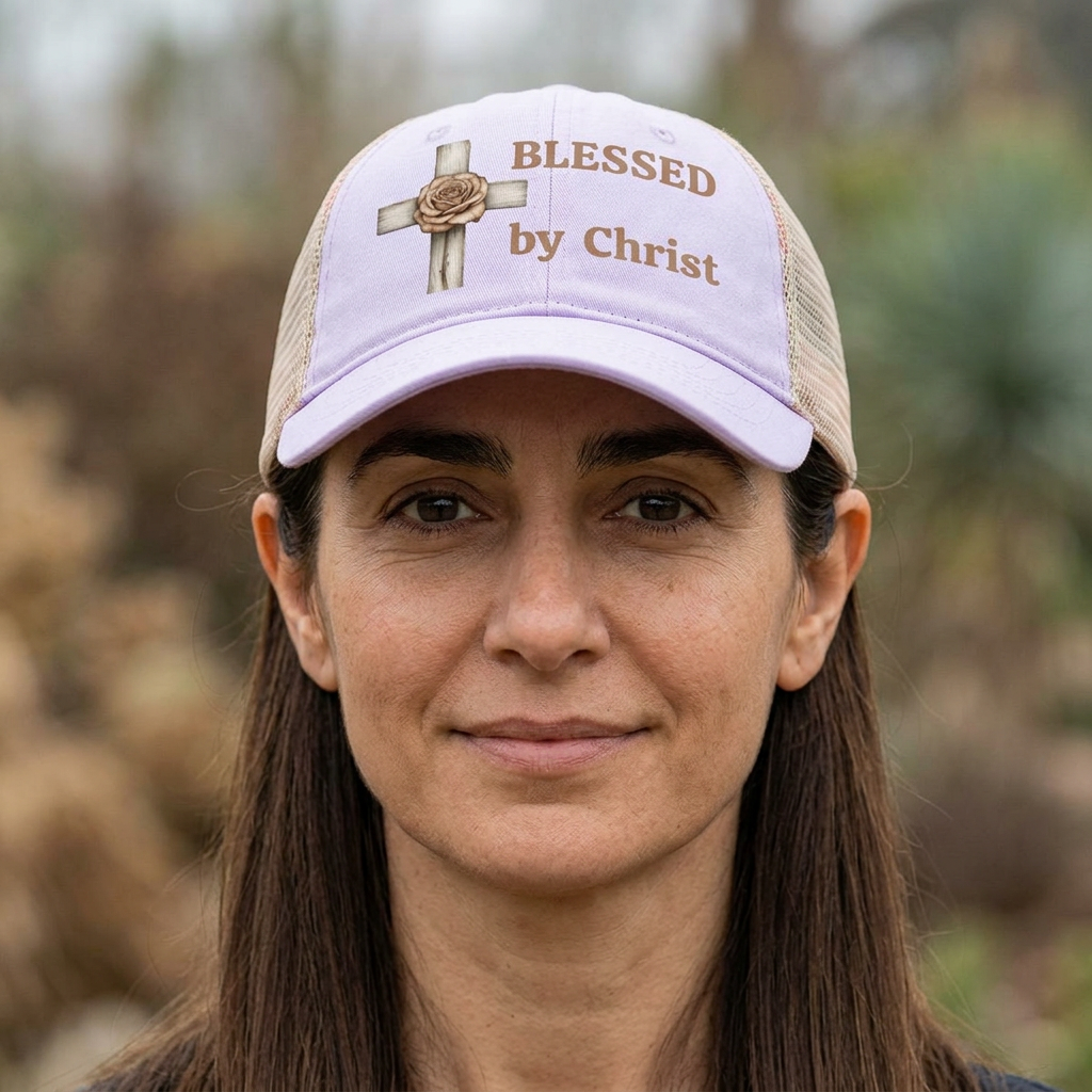 Blessed by Christ with Cross -Women's Washed Mesh-Back Cap